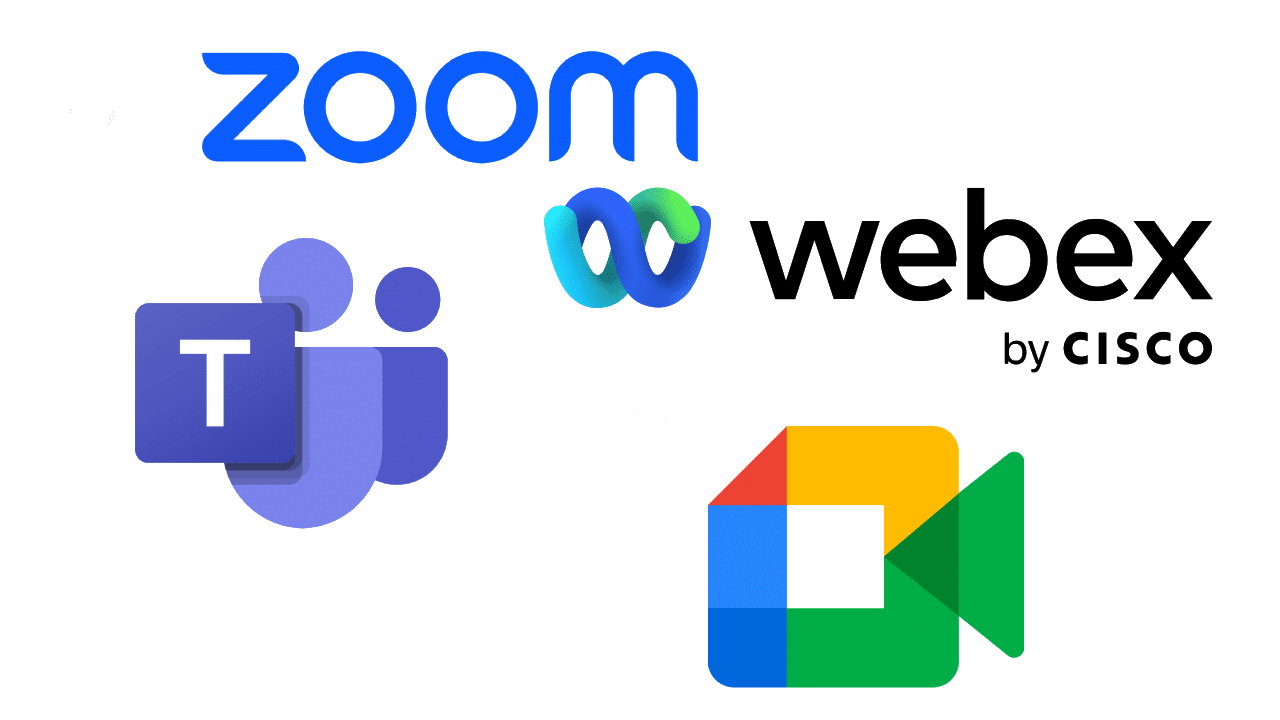 loghi di zoom, webex, teams e meet